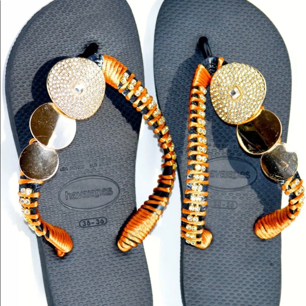 New Havaianas Flip Flops Black/Gold US6W-6M 35/36